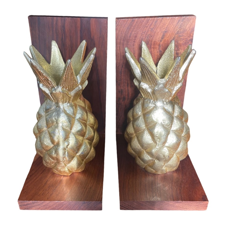 Vintage Gold Pineapple Wood Bookends Set Mid Century Tropical Decor India 7in